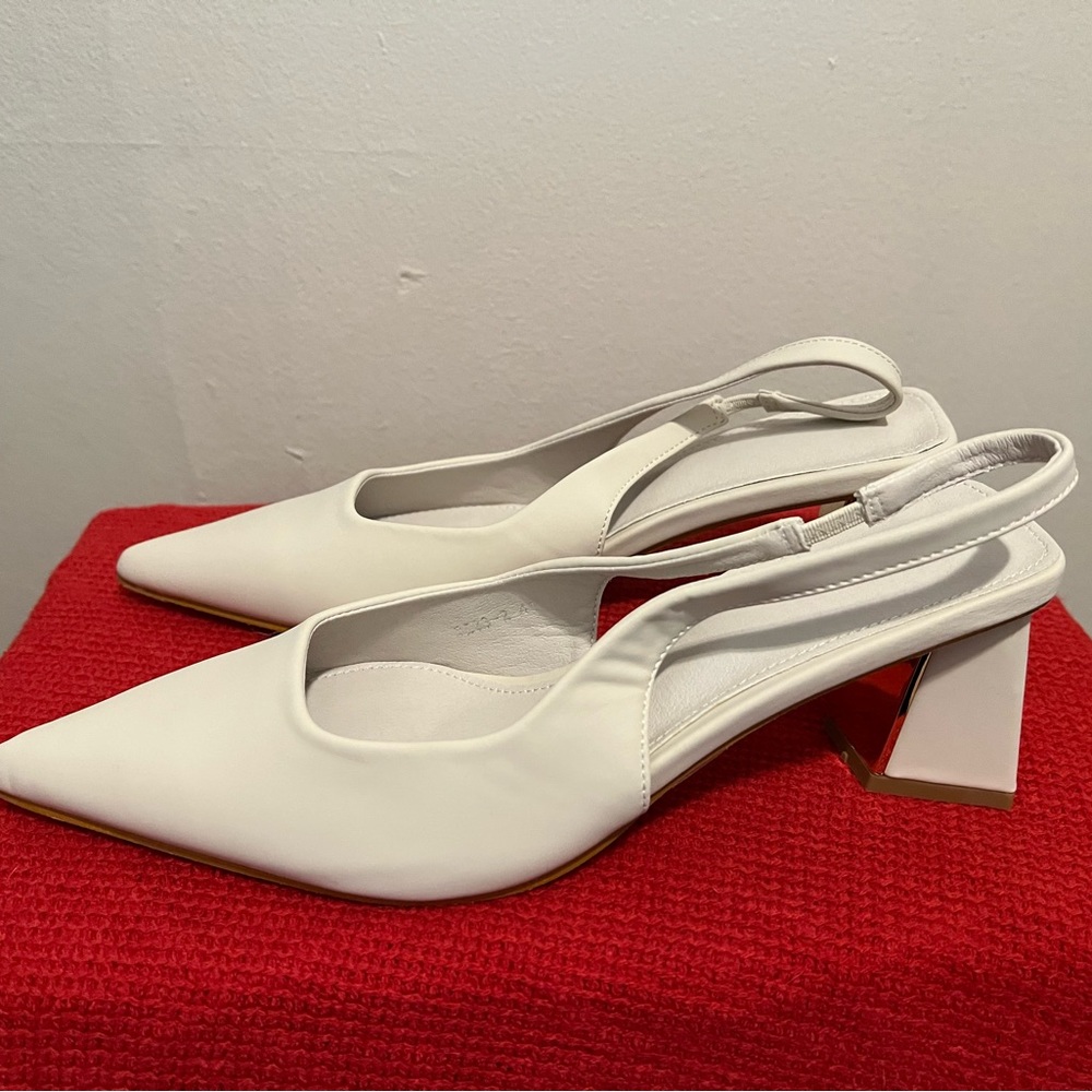 White pointy slingback heels